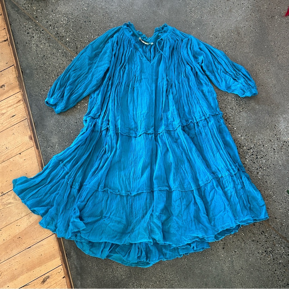 Daiquiri Vintage style cotton gauze tiered summer dress- mid sleeve- blue/aqua